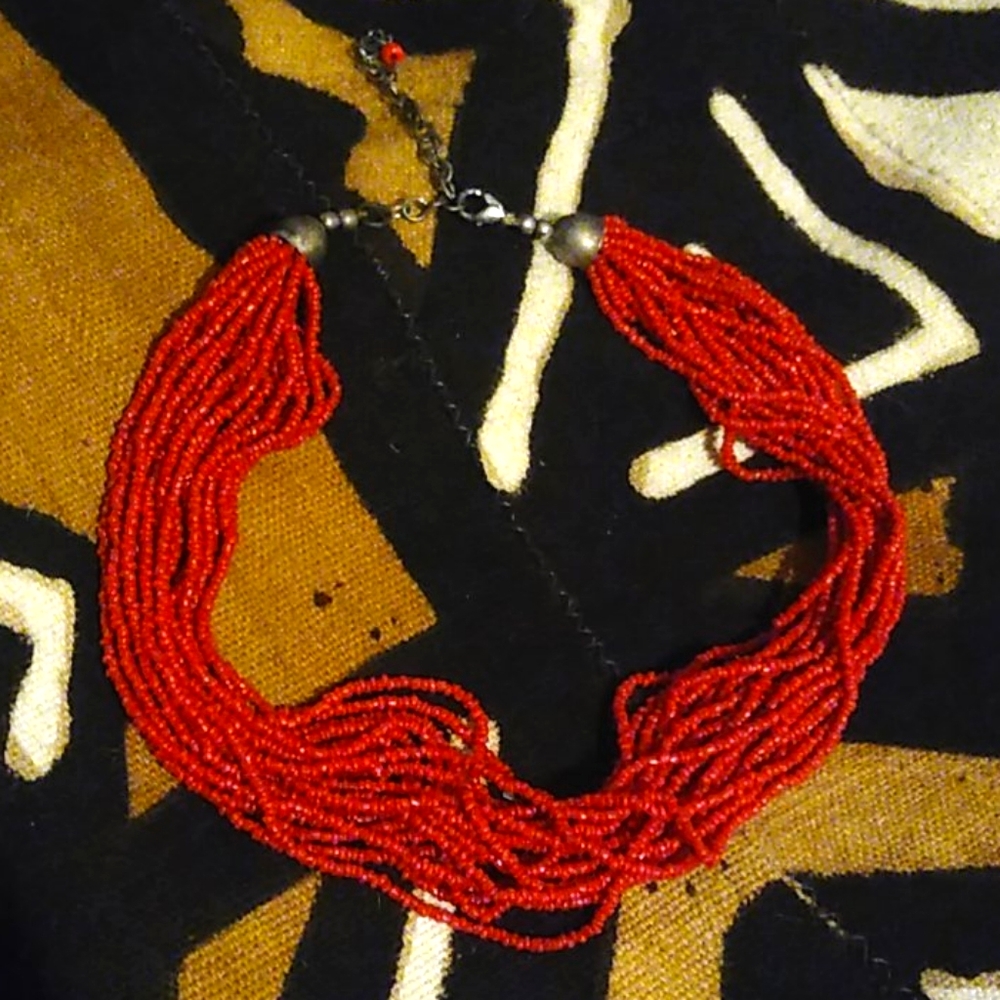 Red Micro Beaded Necklace w/Metal Accents